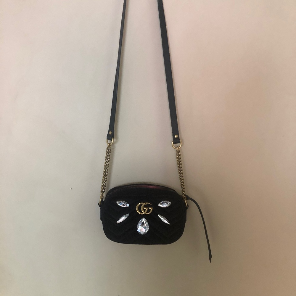 GUCCI GG Marmont Crystal Matelasse Velvet Crossbody Camera Bag